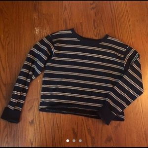 Navy and orange striped fleece lined crewneck